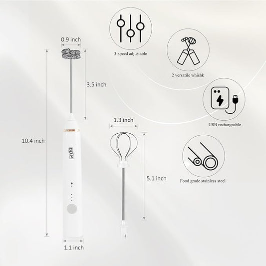 Delm Milk Frother Electric USB Stainless Steel Accessory - Frother Wand Foam Maker for Lattes - Milk Frother Handheld for Cappuccino, Frappe, Matcha, Hot Chocolate - Frother for Coffee (white)