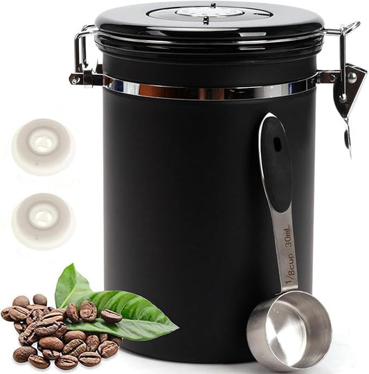 SUEIANNMN1.8L Coffee Canister Airtight, 26oz Coffee Storage Container Stainless Steel Air Tight Coffee Jar with Scoop, Date Tracker, 2 Extra CO2 Release Valve for Beans Ground Tea Flour Sugar (Black)