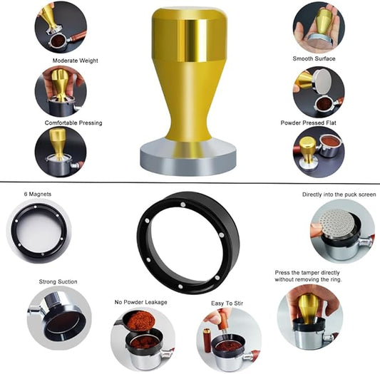 51mm Espresso Tamper Set, 5PCS Coffee Tamper Kit with WDT Tool, Coffee Stirrer, Dosing Funnel, Puck Screen 51mm Espresso Accessories Tampers Kit (Gold)