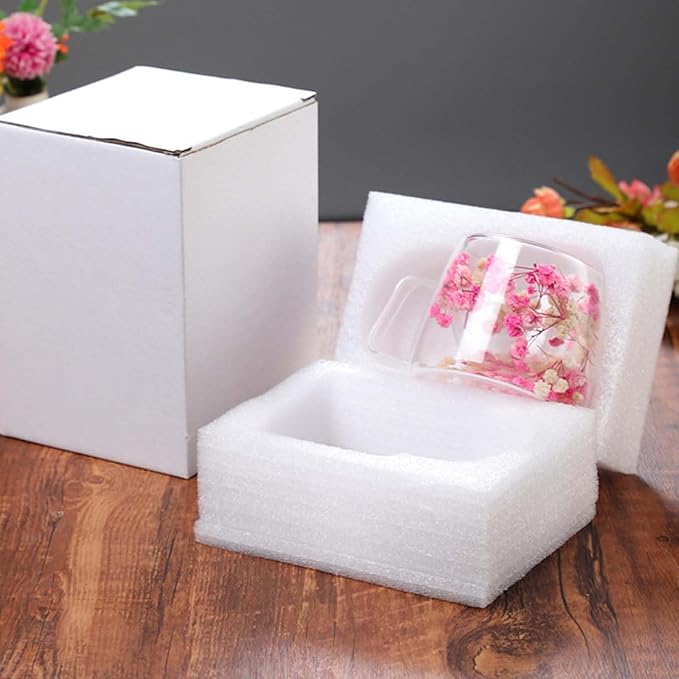 Generic Double Wall Insulated Glass Cup,Dried Flower Mug with Handle,Creative Transparent Coffee Cups,Gift for Women Mom Female (White)