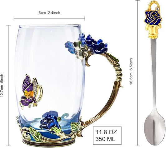 Flower Tea Cup ,Butterfly Rose Clear Glass Fancy Coffee Mug with Spoon,Gift Box for Her Mom Wife Grandma Girls Friends Valentines Christmas Birthday Present Idea for Juice,Hot And Cold Drinks Use