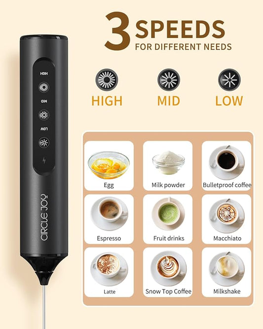 CIRCLE JOY Rechargeable Handheld Milk Frother Wand with 3 Variable Speeds, 3 Whisks and Storage Box, Electric Drink Mixer for Latte, Cappuccino, Hot Chocolate, Eggs and Protein Powder, Black