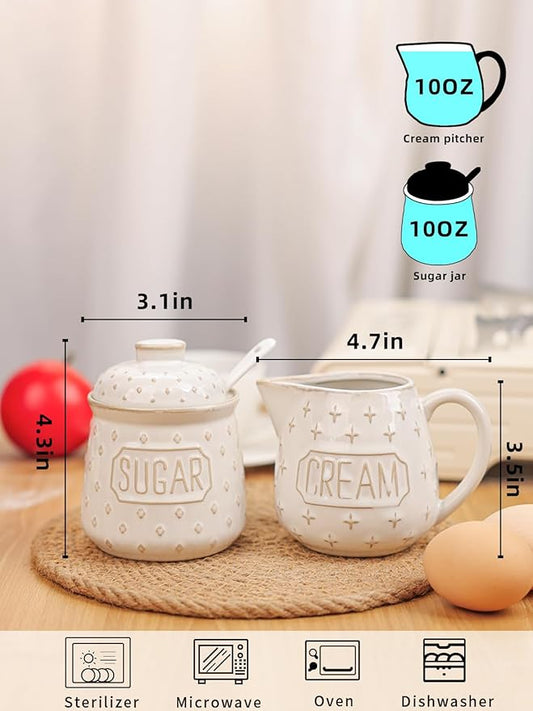 GDCZ Ceramic Sugar and Creamer Set, Coffee Serving Set, Sugar Bowl with Spoon and Cream Pitcher, Milk Creamer and Sugar Container (White)