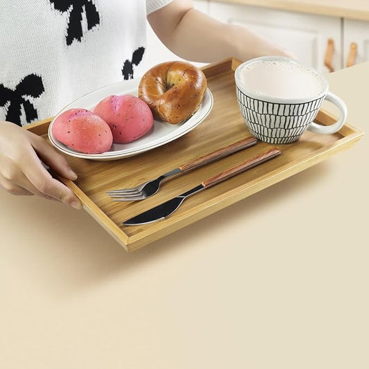 2pcs Rectangular Bamboo Serving Tray for Eating Drinks Storage Snacks TV Breakfast Coffee Parties Bathroom(13.8"x 10.2"x 0.8")