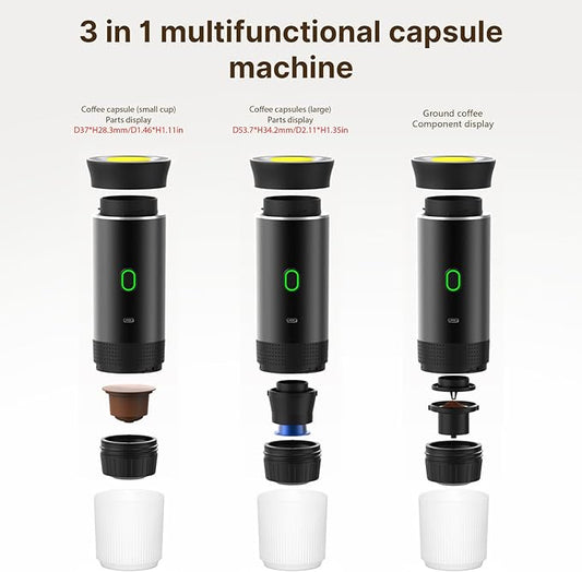 Decdeal 3-in-1 Cordless Coffee Maker – 15 Bar Portable Espresso Machine for Car & Travel, Capsule & Ground Coffee, Cold Brew & Heating, 150ml