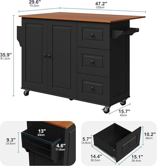 Mobile Kitchen Island with Drop Leaf, Rolling Kitchen Cart with 3 Drawers, Kitchen Storage Cabinet on Wheels, Island Table with Towel and Spice Rack for Dining Room, Living Room, Black