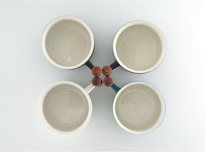 6oz Ceramic Espresso Cups with Wooden Handle, Small Coffee Cups for Latte Cappuccino, Tea Cups Set of 4