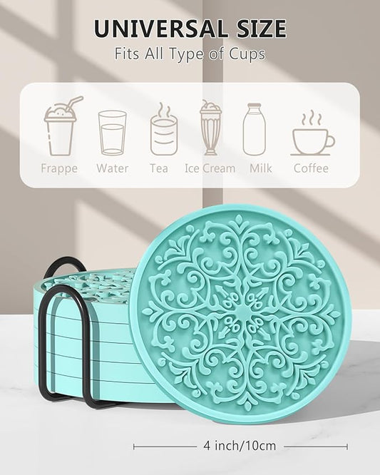 Drink Coasters, Coasters Set of 6 for Cup with Holder, Non-Slip Silicone Cup Mats for Hot and Cold Drinks, Cute Absorbent Coffee Bar Accessories Table Decor, Lake Blue