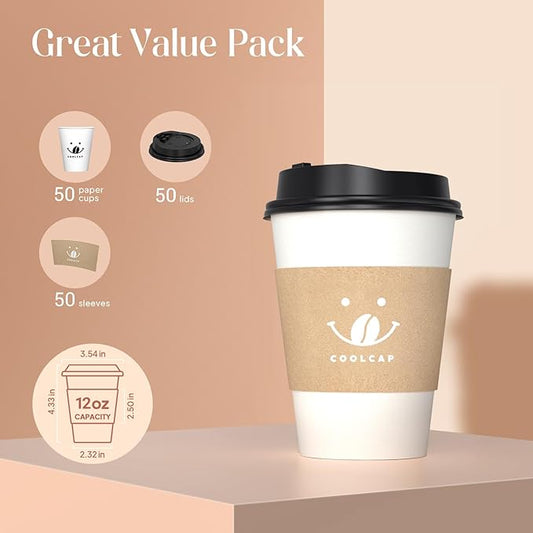 Coffee Cups with Lids and Sleeves, 12 Ounce 50 pack To Go Coffee Cups with Lids, Disposable Hot Coffee Paper Cups Bulk for Hot Beverage (12 Ounce, White)