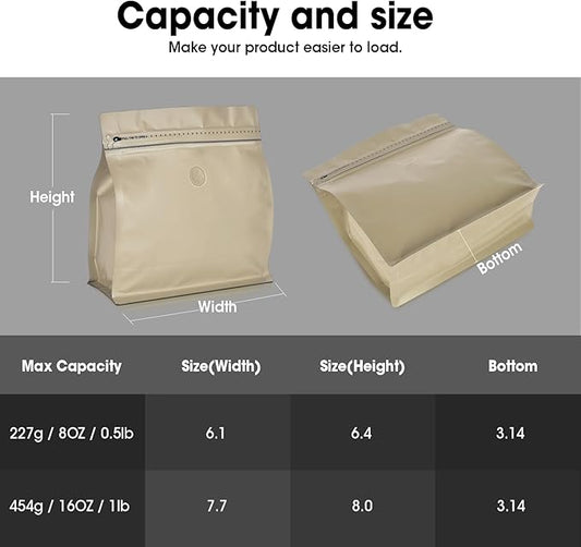 50 Count 16oz Coffee Bags with Valve,1lb Vented Coffee Beans Packaging Bags High Barrier Aluminumed Foil Flat Bottom Heat Sealed Side Zipper Resealable Storage Bag for Home or Business(Brown)