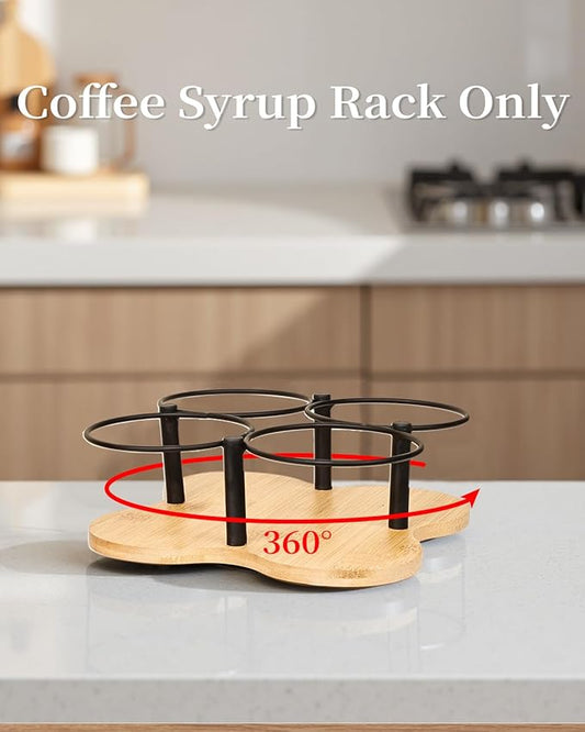 IntreLife Rotating Coffee Syrup Organizer, Syrup Bottle Holder for Coffee Syrup Dispenser 16.9oz, Bamboo Coffee Syrup Rack for Coffee Bar Station Countertop, Coffee Bar Accessories(Syrup Rack Only)