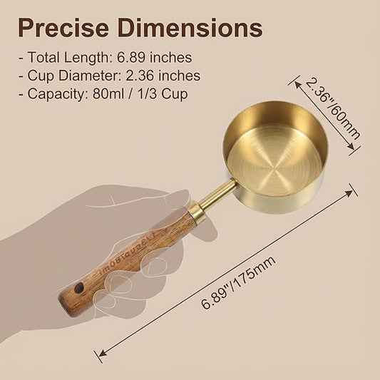 1/3 Cup Measuring Cup, 80ml Stainless Steel Measuring Scoop Gold Coffee Scoop 1/3 Teaspoon with Wooden Handle for Baking Cooking Wet and Dry Ingredients