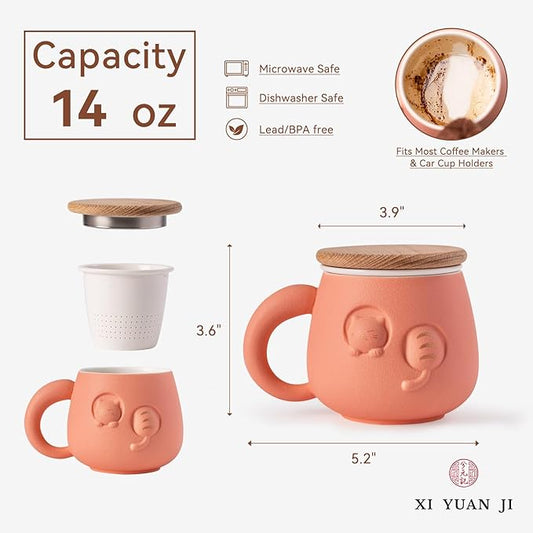 Tea Cup with Infuser and Lid 14oz - Pink Ceramic Cat Mug with Wood Lid, Cute Loose Leaf Tea Set, Anniversary Birthday Gift for Women Cat Lovers