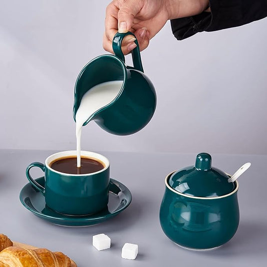 12 OZ Ceramic Sugar and Creamer Set, Coffee Serving Set, 3 Piece Cream Pitcher Sugar Bowl with Lid and Spoon (Dark Teal)