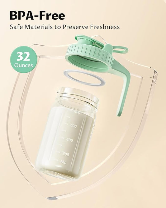 32oz Breast Milk Pitcher with Lid – Leak-Proof & Airtight Glass Storage Container for Breastmilk, Wide-Mouth Mason Jar Pitcher, Fast Formula Maker, Green