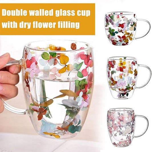 Dried Flowers Double Wall Clear Glass Coffee Mugs,Creative Clear Glass Cups with Handle, Double Insulated Glass Cup, 350ml Glass Coffee Cups