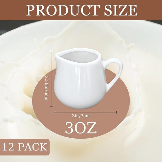 12 Pack 3 Oz Mini Ceramic Creamer Pitcher, Small Porcelain Syrup Pitcher Coffee Creamer Dispenser with Handle for Milk Sauce Coffee Tea Salad Dressing Cream, White