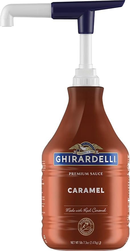 Ghirardelli Caramel Sauce, 87.3 oz (5 lb 7.3 oz) Bottle with Ghirardelli Stamped Barista Spoon & Pump