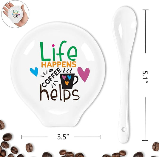 Funny Coffee Quote Colored Pattern Ceramic Coffee Spoon Holder-Coffee Spoon Rest -Coffee Station Decor Coffee Bar Accessories-Coffee Lovers Gift for Women and Men (Life Happens Coffee Helps)