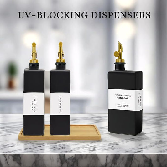 Olive Oil Dispenser Bottle for Kitchen with Bamboo Tray- Glass Oil and Vinegar Dispenser Set 16.9oz, Soy Sauce & Syrup Bottle, Modern Hostess Gift (Black, 16.9oz, Set of 3)