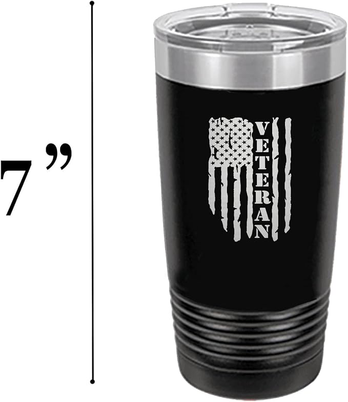 Rogue River Tactical USA Flag Veteran 20 Oz. Travel Tumbler Mug Cup w/Lid Vacuum Insulated Hot or Cold Military Vet Gift (Black)