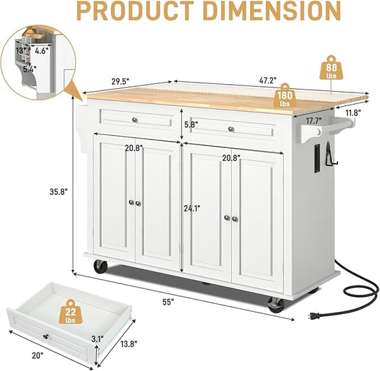55" Movable Kitchen Island with Drop Leaf and Power Outlet, Rolling Island Cart w/Storage Cabinet, Island Table on Wheels for Kitchen w/2 Drawers, Spice Rack, Towel Bar, Garage Hook, White