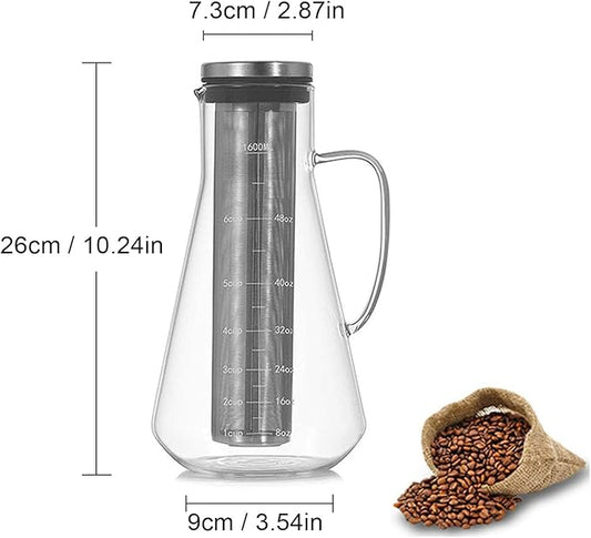 Haofy Cold Brew Coffee Maker, Thickened Borosilicate Glass with 304 Stainless Steel Filter, Airtight Sealing for Freshness, for Ice Tea Hot Tea Fruit Drinks (1600ML)