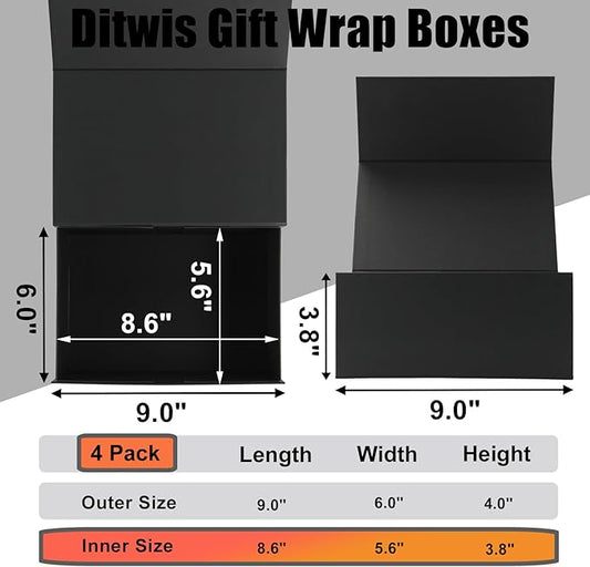 Ditwis 4 Pack 9x6x4 Inches Gift Boxes with Magnetic Closure Lids, Black Magnetic Box for Wedding, Groomsmen Bridesmaid Proposal, Birthdays, Mother's Day