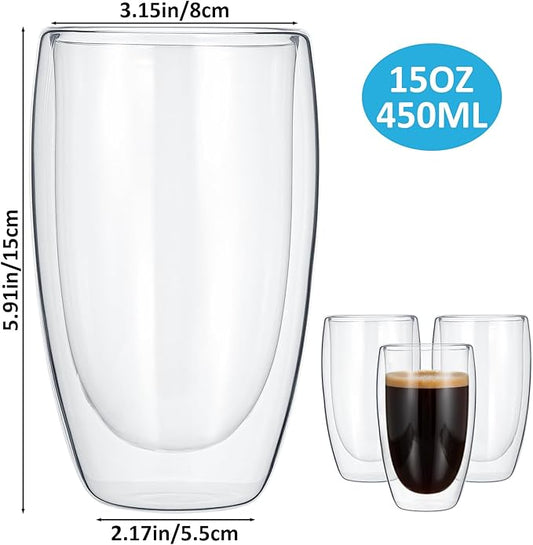 4 Pcs Double Wall Glass Coffee Mugs, Clear Insulated Latte Cups Large Glass Coffee Cups for Hot Beverages Espresso Tea Milk Cappuccino Latte