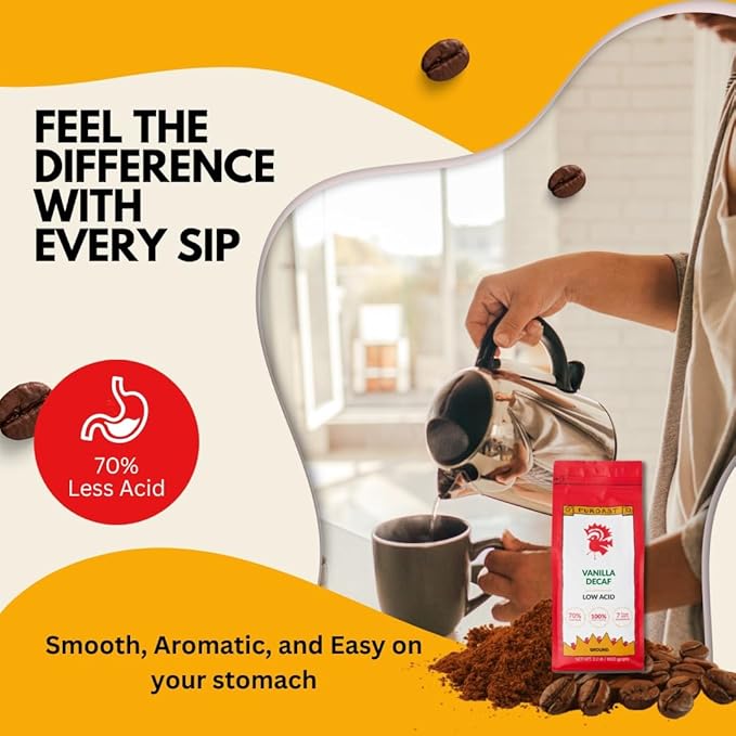 Puroast Low Acid Coffee Decaf | Vanilla Ground | Medium Roast | High Antioxidants & High pH |No Bitter Aftertaste | Reduced Heartburn & GERD | Suitable for Cold Brew - 2.2 LB