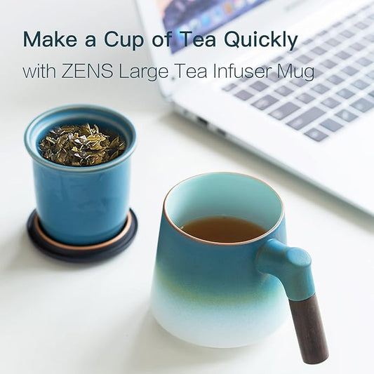 ZENS Tea Cup with Infuser and Lid, 12oz Gradient Blue Tea Mug for Loose Leaf Tea Steeper, Wood Handle Cup with Fine Mesh Tea Strainers Diffusers Accessories for Tea Lovers Gifts