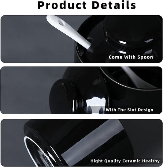 ONTUBE Ceramic Sugar Bowl with Lid and Spoon,Porcelain Seasoning Box Salt Bowl,8oz (Black)