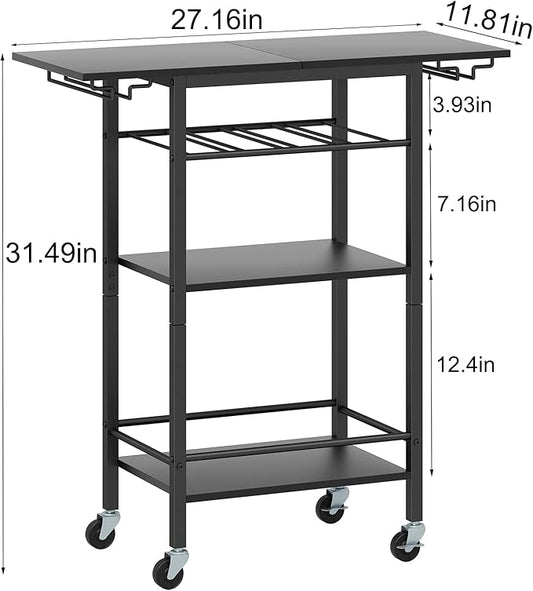 LAATOOREE Bar Cart 4 Tier, Home Serving Cart, Black Mobile Drink Beverage Cart, Rolling Kitchen Shelf with Wine and Glass Holders, for Living Room