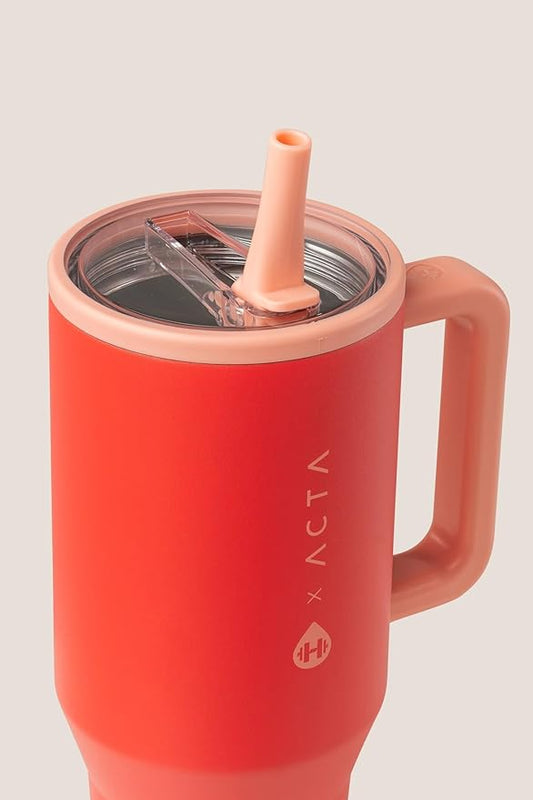 HydroJug Traveler - 40 oz Water Bottle with Handle & Flip Straw - Fits in Cup Holder, Leak Resistant Tumbler-Reusable Insulated Stainless Steel & Rubber Base - Gifts for Women & Men, Peach Pop