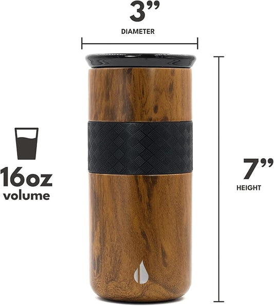 Elemental Artisan Inner Ceramic Coating Tumbler, Triple Wall Coffee Travel Mug, Reusable Stainless Steel Coffee Tumbler with Ceramic Lid for Hot (6 Hrs) & Cold (18 Hrs), 16oz - Teakwood