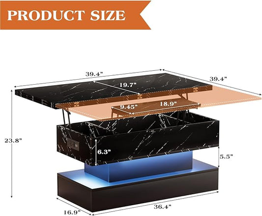 39.4" Lift Top Coffee Table with Charging Station, 4-in-1 Multifunctional Coffee Table with Storage & Hidden Compartments, High-Glossy Marbling Print LED Center Table for Living Room, Black