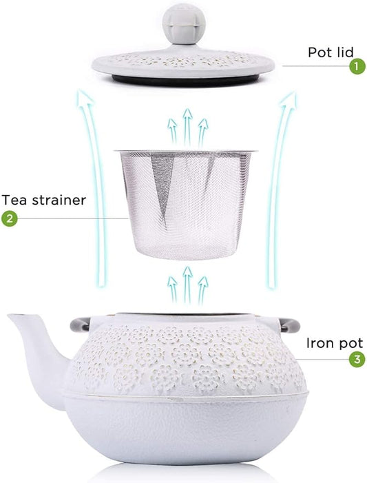 Sotya Cast Iron Teapot, 40oz/1200ml Japanese Tetsubin Tea Pot with Infuser for Loose Leaf and Tea Bags, Tea Kettle Coated with Enameled Interior for Stove Top, White