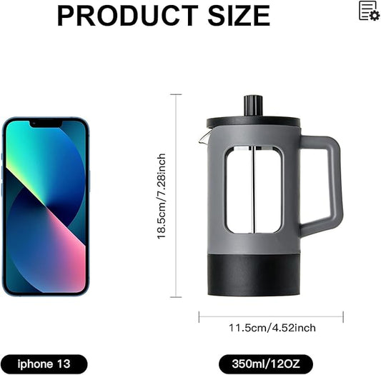 YOLIFE French Press Coffee Maker (12 oz), Camping Mini Coffee Press, Single Cup French Press, Heat-resistant Borosilicate Glass, Portable for Travel, Grey and Black