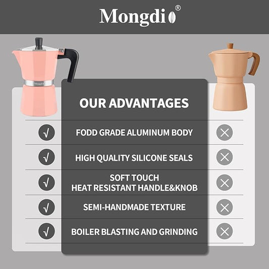 Mongdio Stovetop Espresso Maker Moka Pot, Stove Top Cuban Coffee Maker, Italian Greca Mocha Pot, 6 Espresso Cups, 10 oz - Pink