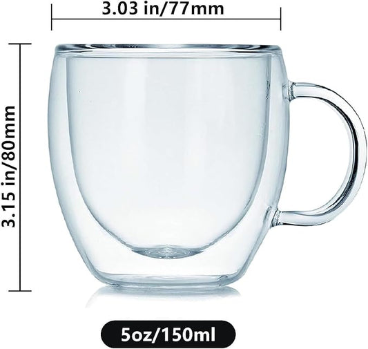 Espresso Cups Set Of 2, Double Walled Glass Coffee Mugs with Handle,Insulated Layer Coffee Cups,Clear Borosilicate Glass Mugs,Perfect for Cappuccino,Tea,Latte,Espresso (5oz-4Pack)