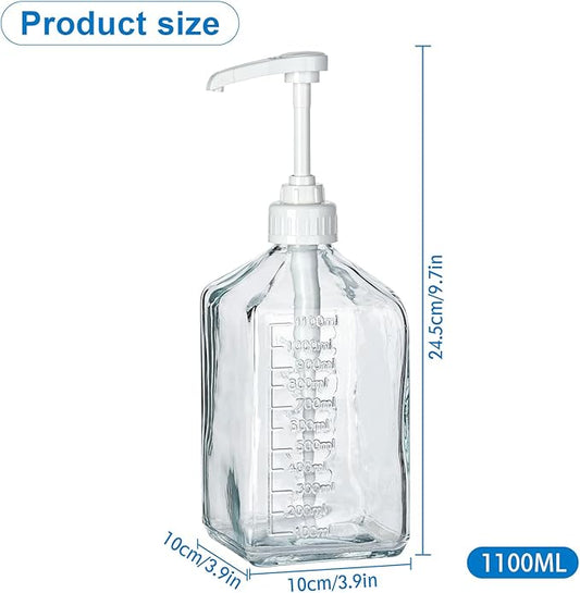 Uceoo Coffee Syrup Dispenser, Glass Syrup Bottle With Plastic Pump, 37 Oz Large Capacity Square Syrup Pump Dispensers for Coffee Bar, Simple Clear Pump Bottle for Honey, Condiments, Salad Dressings