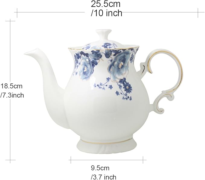 Jomop European Style Ceramic Flower Teapot Coffee Pot Water Pot Porcelain Gift Large 5.5 Cups (1, Blue and White)