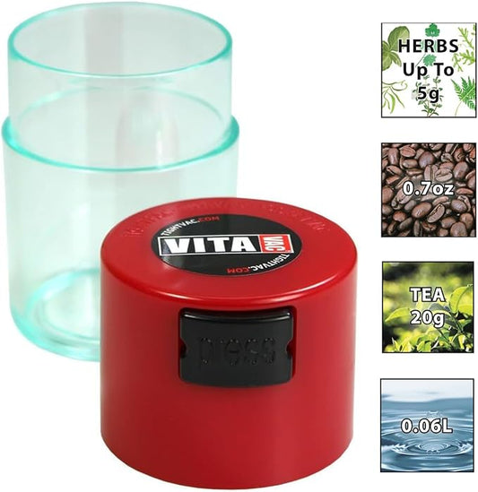 Vitavac - 5g to 20 grams Airtight Multi-Use Vacuum Seal Portable Storage Container for Dry Goods, Food, and Herbs - Red Clear