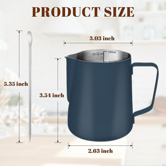 Milk Frothing Pitcher, 12 oz Milk Frother Cup with Clear Scale, 304 Stainless Steel Cappuccino Espresso Machine Accessories for Barista Coffee Bar with Latte Art Pen, Blue