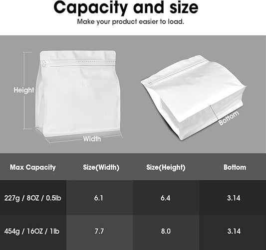 50 Count 8oz Coffee Bags with Valve,1/2 lb Vented Coffee Beans Packaging Bags High Barrier Aluminumed Foil Flat Bottom Heat Sealed Side Zipper Resealable Storage Bag for Home or Business(White)
