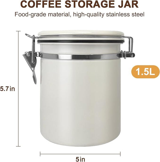 1.5L Airtight Vacuum Coffee Canister, Stainless Steel Storage Container for Coffee Beans and Grounds with Scoop.Suitable for coffee powder, coffee beans, rice, tea leaves, sugar, flour, and grains