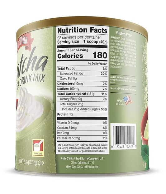 Caffe D'Vita Matcha Green Tea Drink Mix - Japanese Matcha Green Tea Powder, Gluten Free, Low Fat, No Cholesterol, No Hydrogenated Oils, No Trans Fat, Kosher-Dairy, Green Matcha Tea Powder - 2 Lb Can