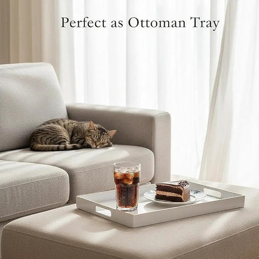 Zosenley Decorative Tray, Rectangular Plastic Tray with Handles, Modern Vanity Tray and Serving Tray for Bathroom, Kitchen, Ottoman and Coffee Table, 15.6” x 10.2” (White)