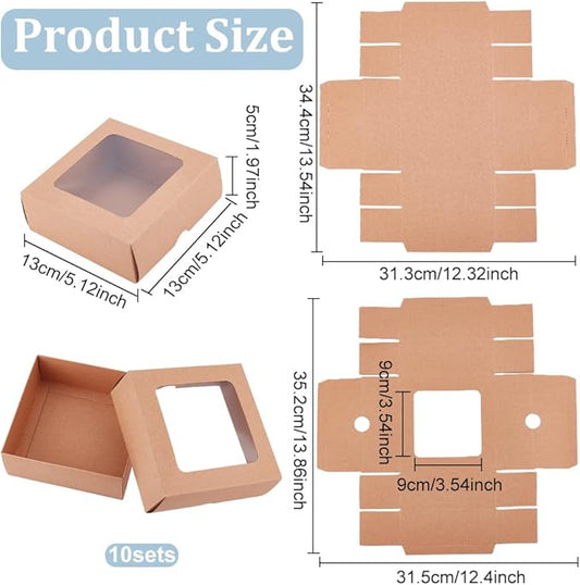 BENECREAT 10PCS Brown Kraft Paper Box with Clear Window, 5.12x5.12x1.97inch Square Kraft Paper Gift Box for Wedding Party Gifts, Festival Jewelry Packaging, Candy Storage