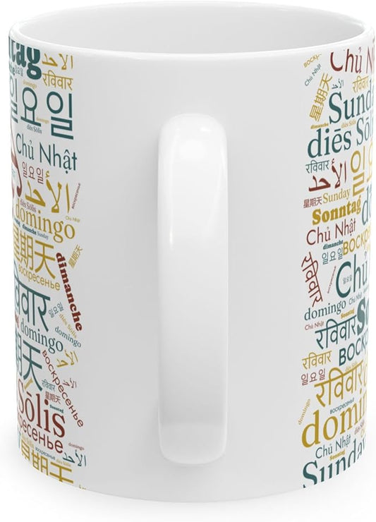 Vintage Sunday Word Cloud Mug | Global Languages Design | Teacher Appreciation Gift